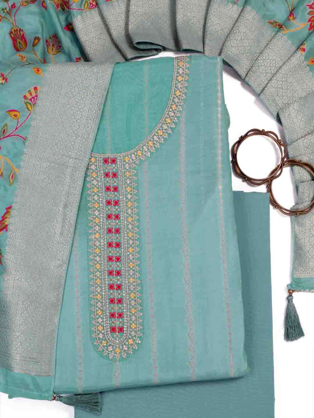

KULEESH Ethnic Motifs Woven Design Sequinned Pure Silk Unstitched Dress Material, Sea green
