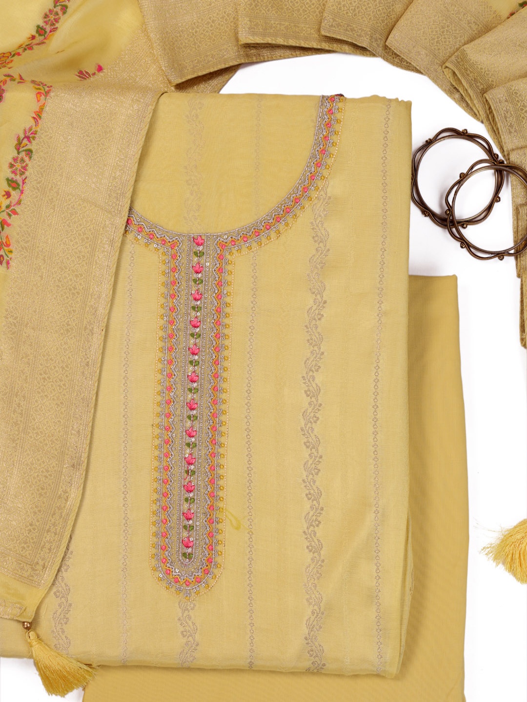 

KULEESH Ethnic Motifs Woven Design Sequinned Pure Silk Unstitched Dress Material, Yellow