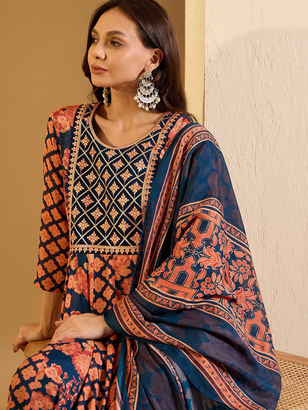 

Inddus Floral Printed Thread Work Anarkali Kurta With Trousers And Dupatta, Peach
