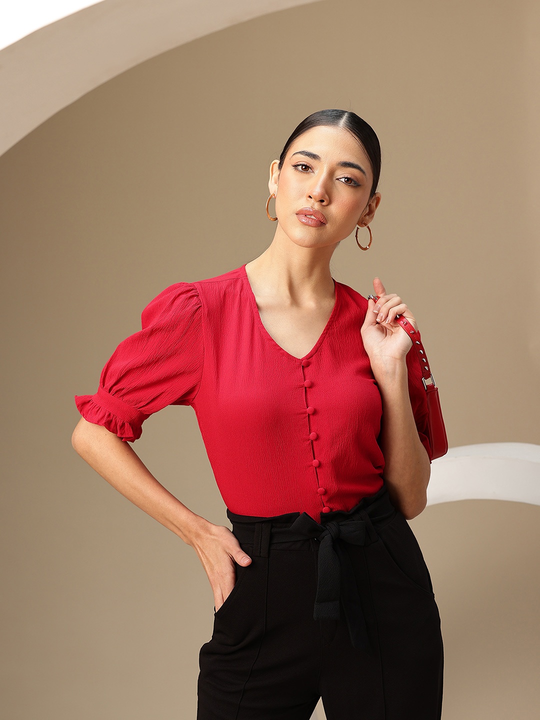 

Chemistry Puff Sleeve Crepe Top, Red