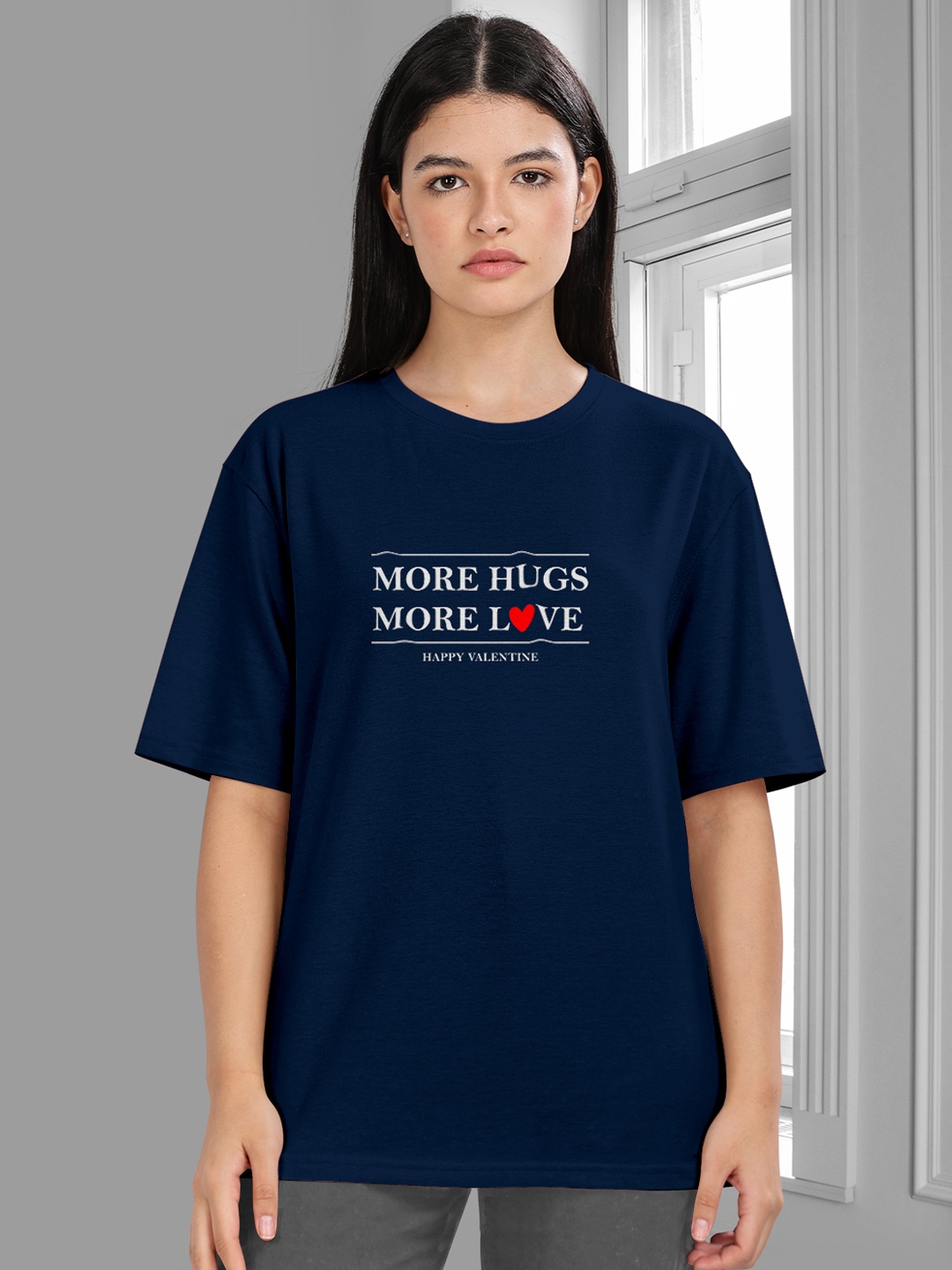 

HELLCAT Women Printed Oversized Valentine's Day T-shirt, Navy blue