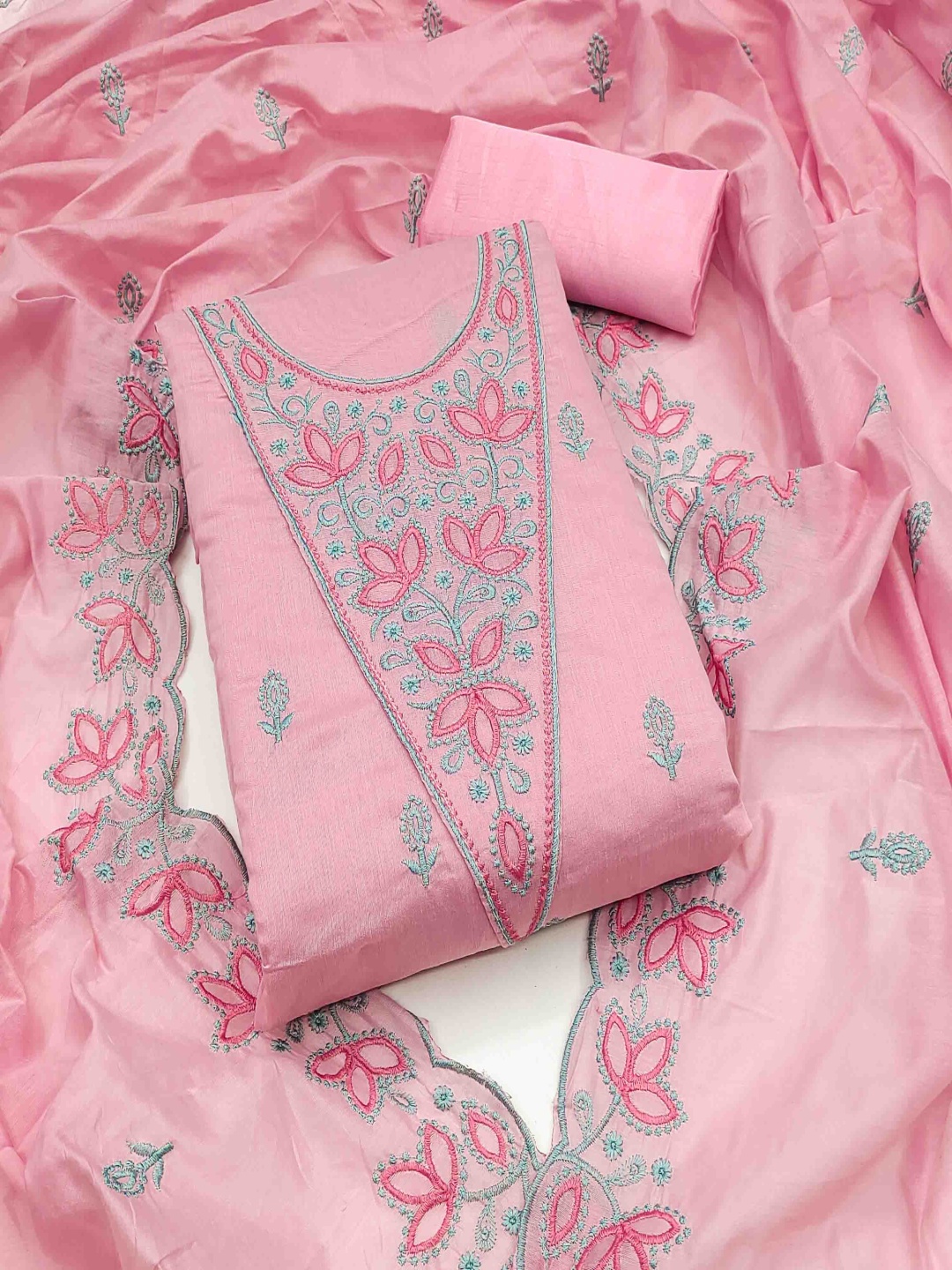 

HERE&NOW Floral Embroidered Chanderi Cotton Unstitched Dress Material, Pink