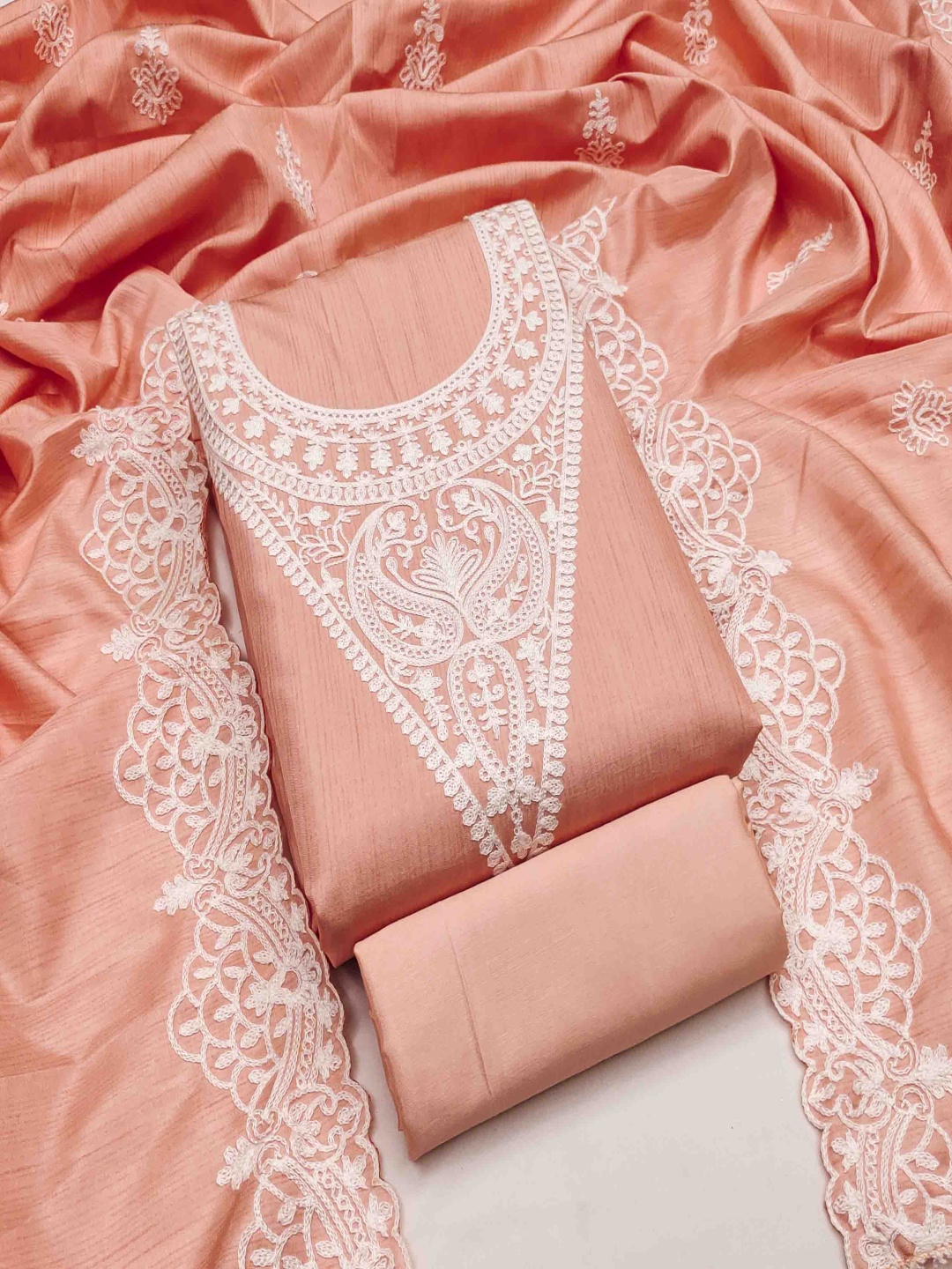 

HERE&NOW Floral Embellished Unstitched Dress Material, Peach