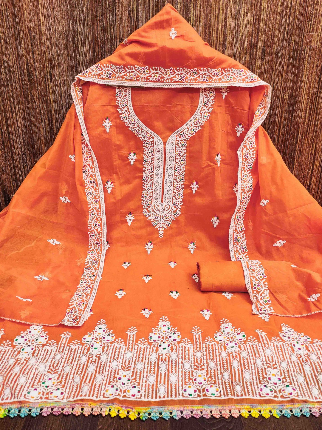 

HERE&NOW Floral Embroidered Cotton Blend Unstitched Dress Material, Orange
