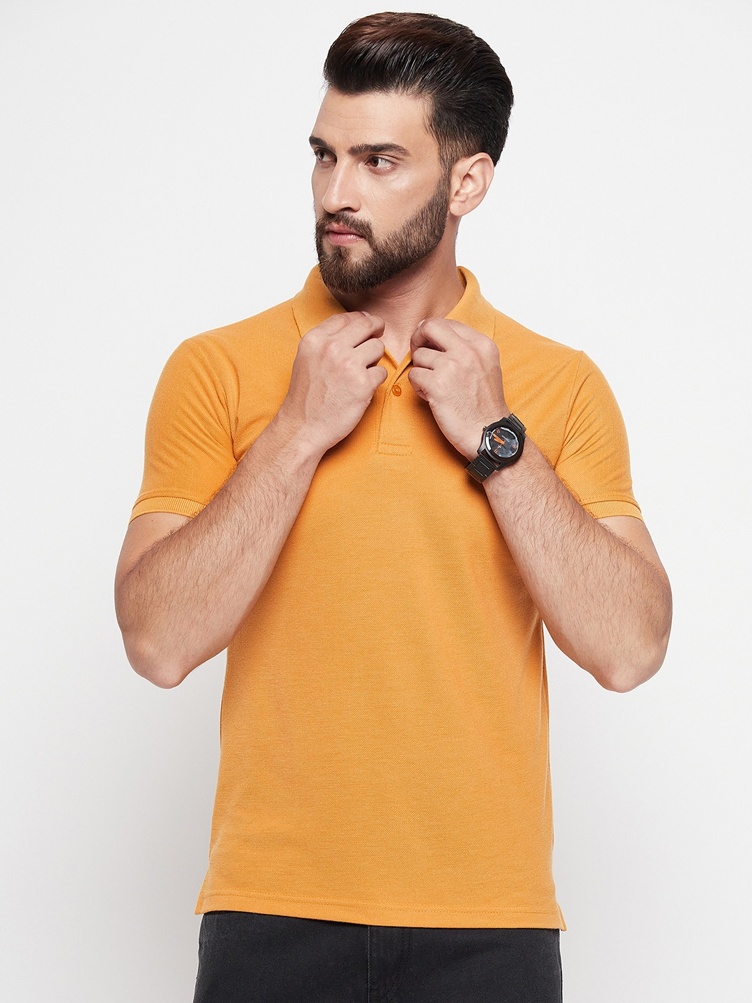 

MXN Men Solid Polo Collar Cotton T-shirt, Mustard