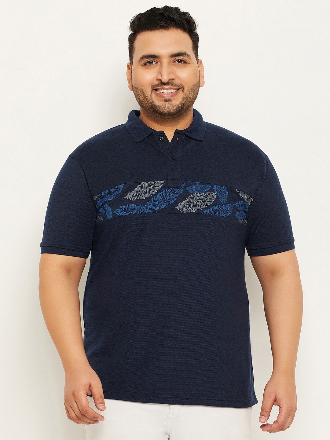 

MXN Men Plus Size Floral Printed Polo Collar Cotton T-shirt, Navy blue