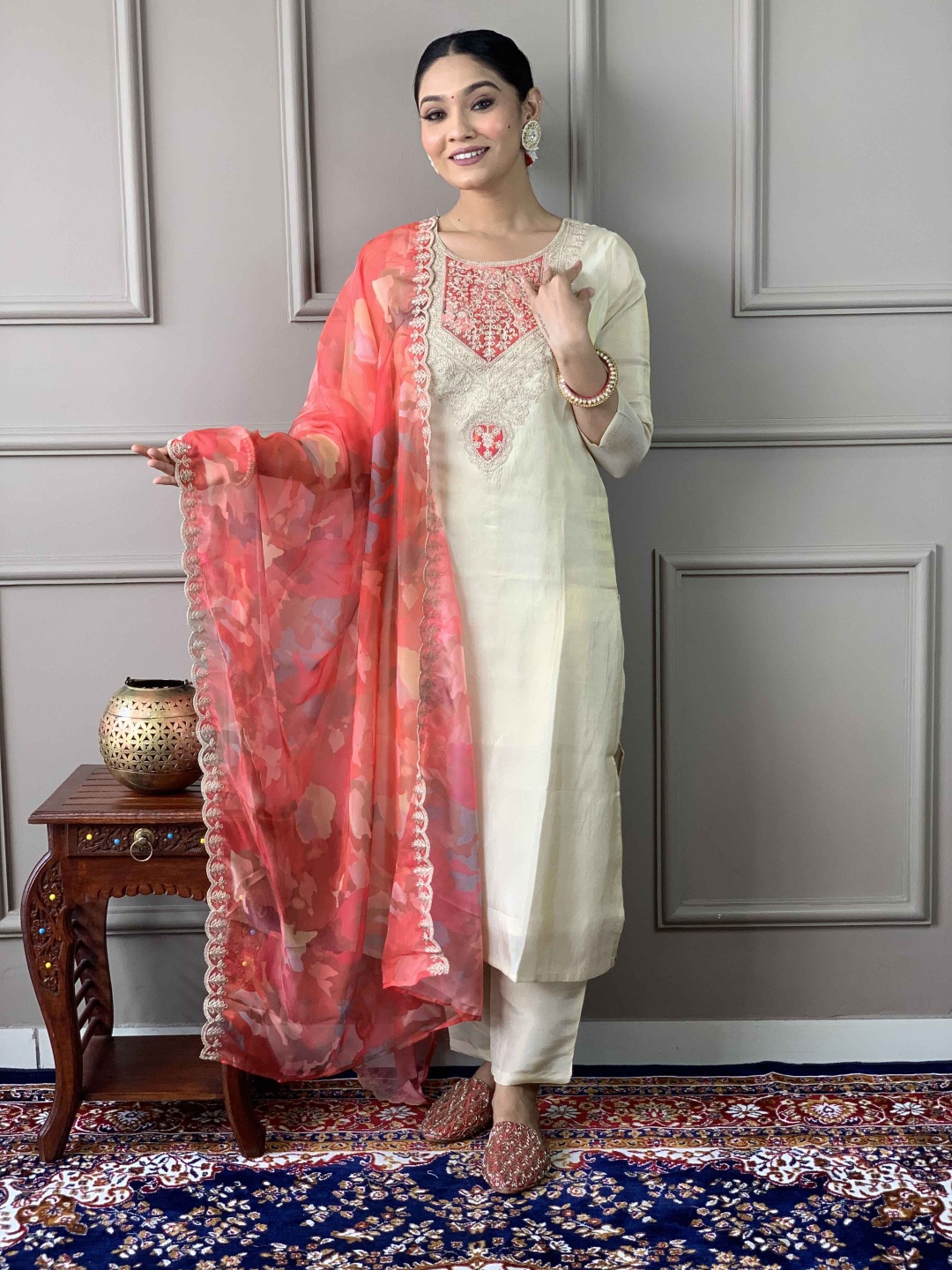 

BAESD Ethnic Motifs Embroidered Yoke Design Chanderi Silk Kurta With Trousers And Dupatta, Cream