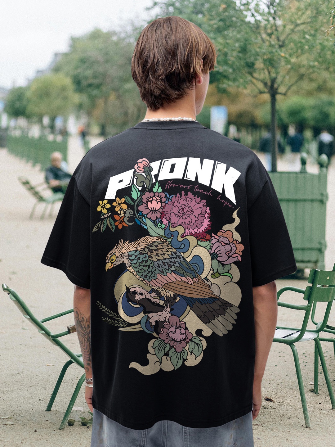 

PRONK Men Graphic Printed Round Neck Cotton Oversized T-shirt, Black