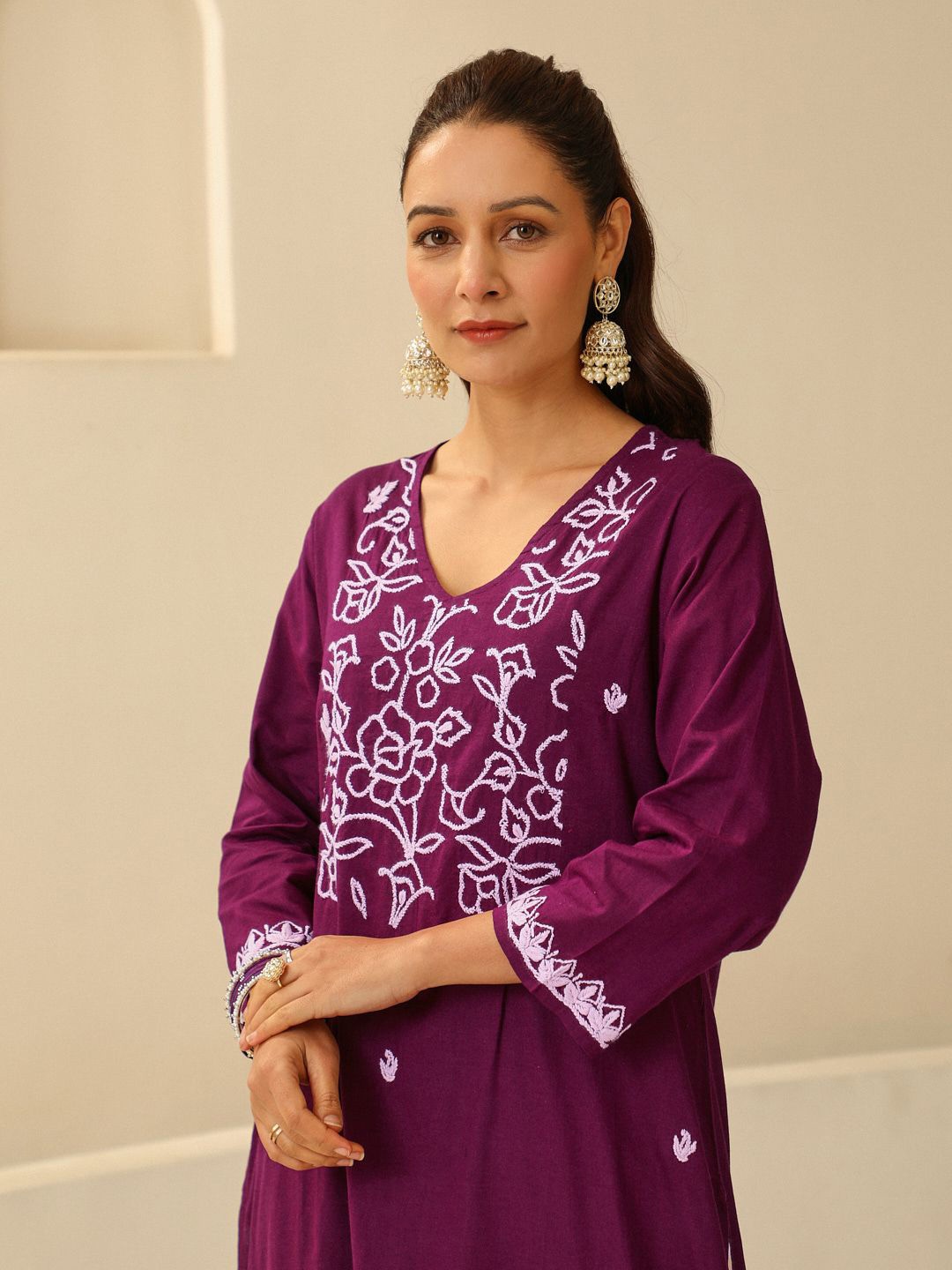 

House of Chikankari Women Woven Pure Cotton Chikankari Long Kurta Purple