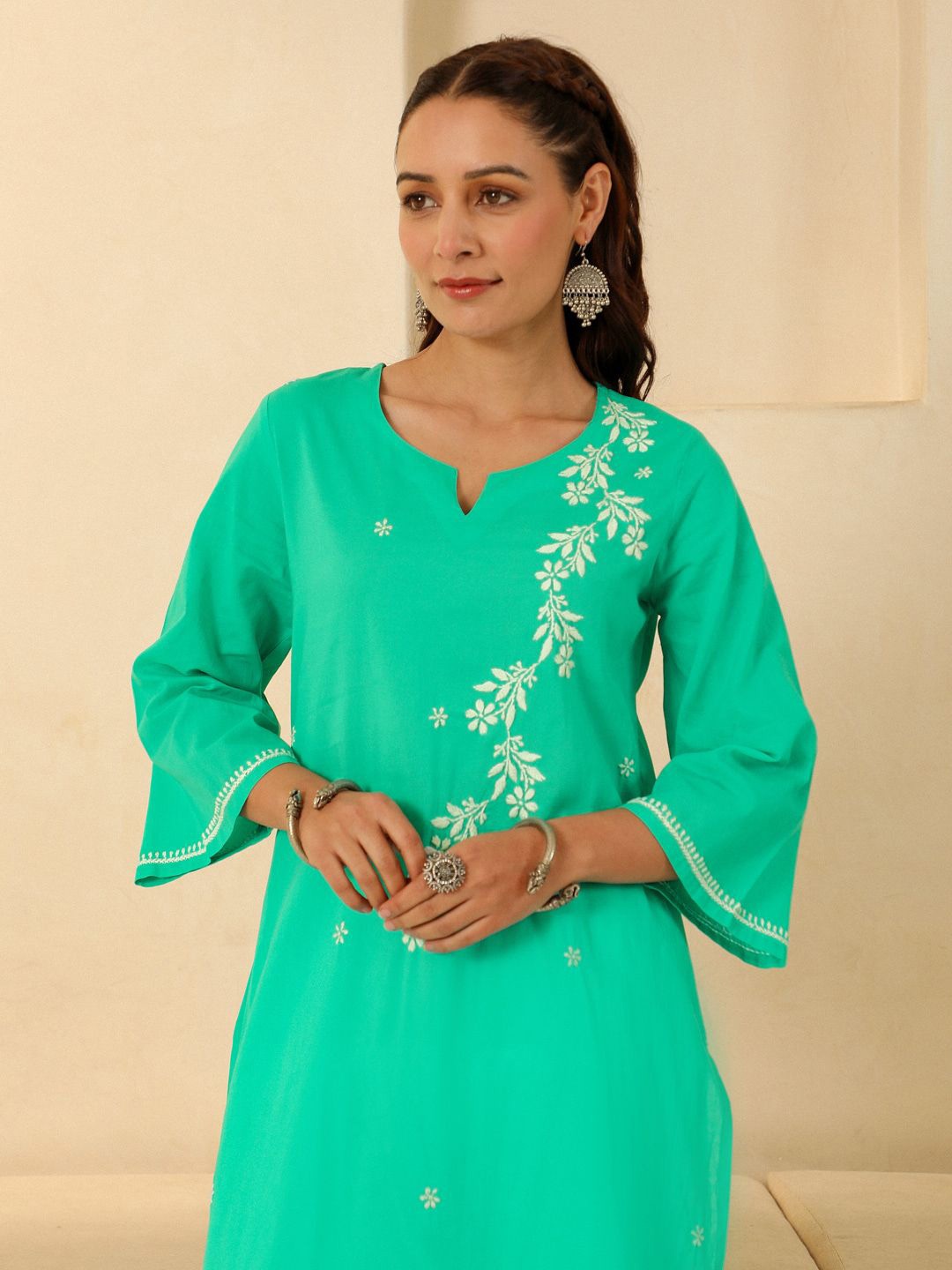 

House of Chikankari Women Woven Pure Cotton Chikankari Long Kurta Sea Green