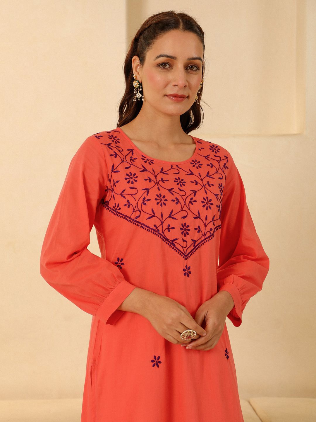 

House of Chikankari Women's Woven Pure Cotton Chikankari Long Kurta-Orange