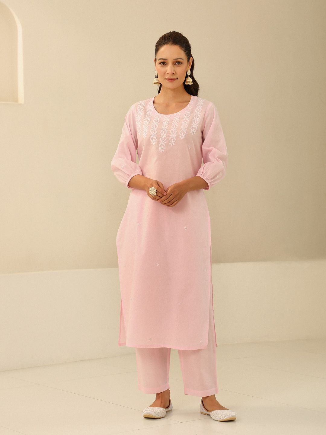 

House of Chikankari Women Woven Cotton Chikankari Kurta Set Pink