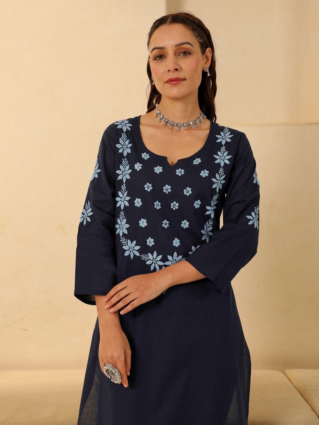 

House of Chikankari Women Chikankari Flared Sleeves Kurta, Navy blue