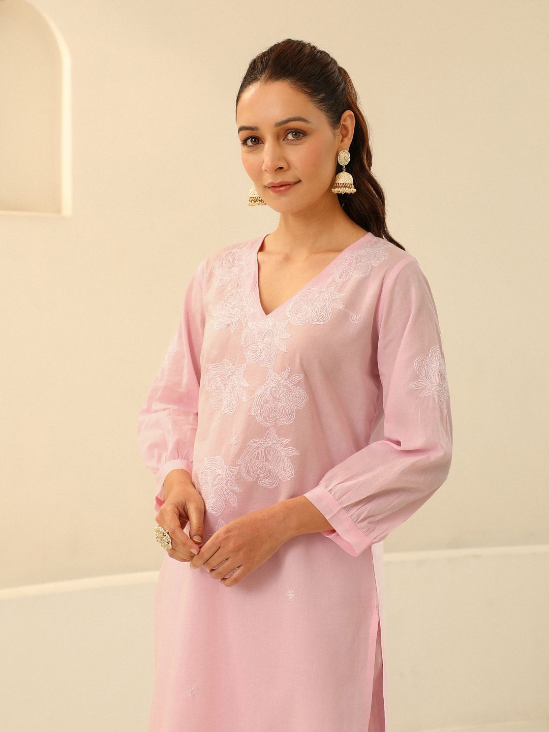 

House of Chikankari Women Woven Cotton Chikankari Kurta Set Pink