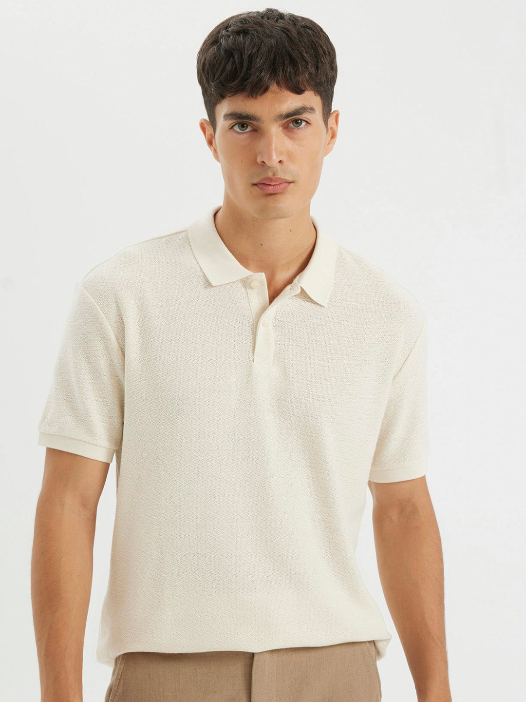 

DeFacto Men Self Design Polo Collar Cotton T-shirt, Beige