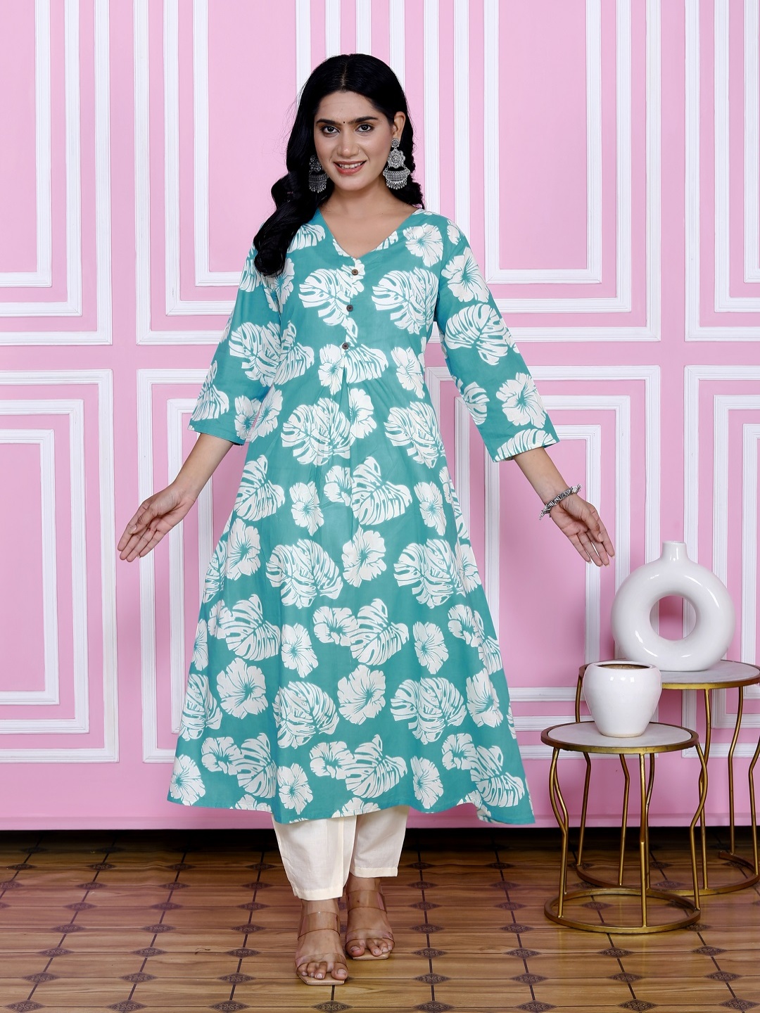 

KALINI Floral Printed V-Neck Pure Cotton A-Line Kurta With Trousers, Turquoise blue