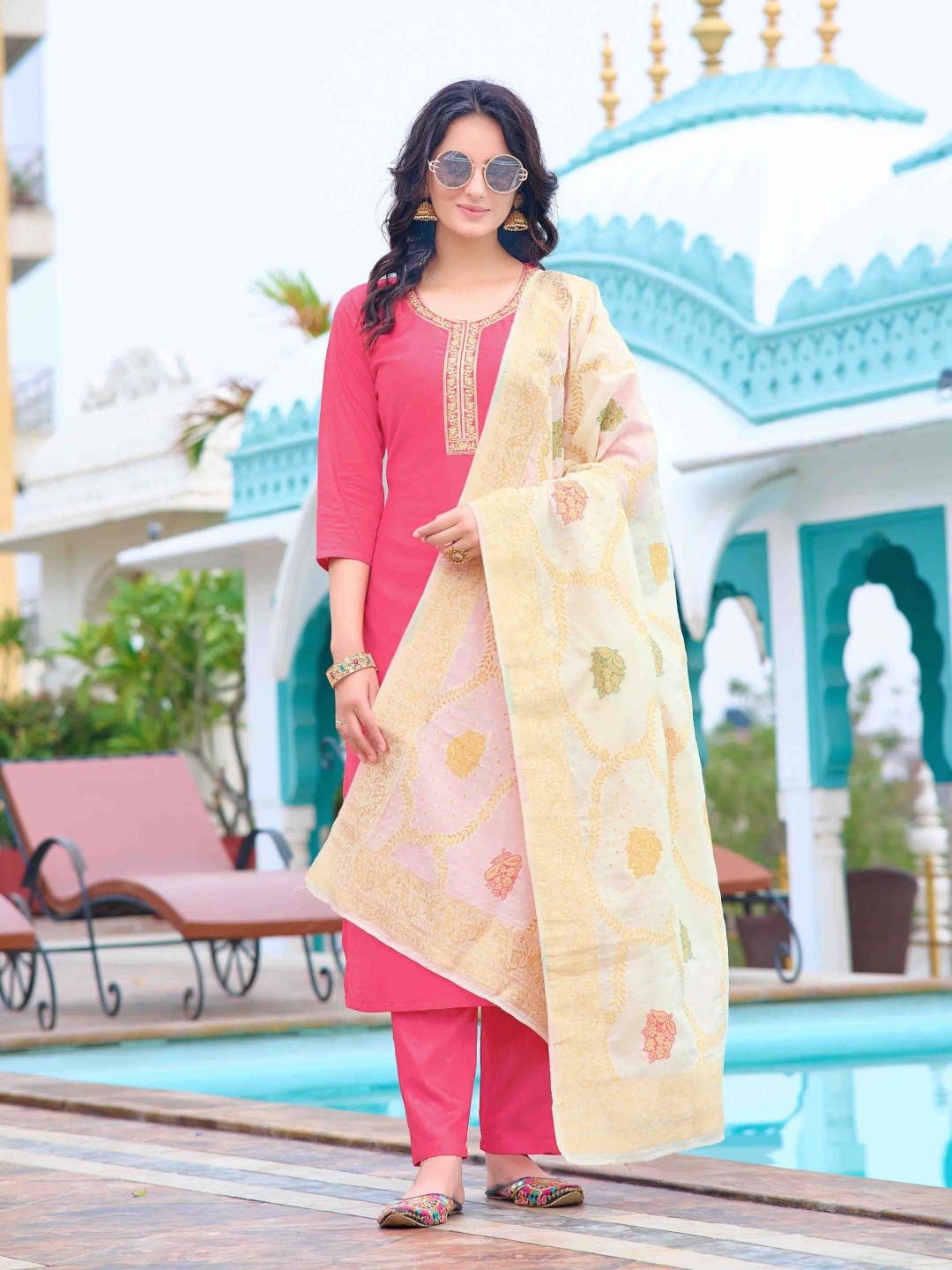 

RV CREATION Floral Embroidered Chanderi Silk Straight Kurta With Trousers & Dupatta, Pink