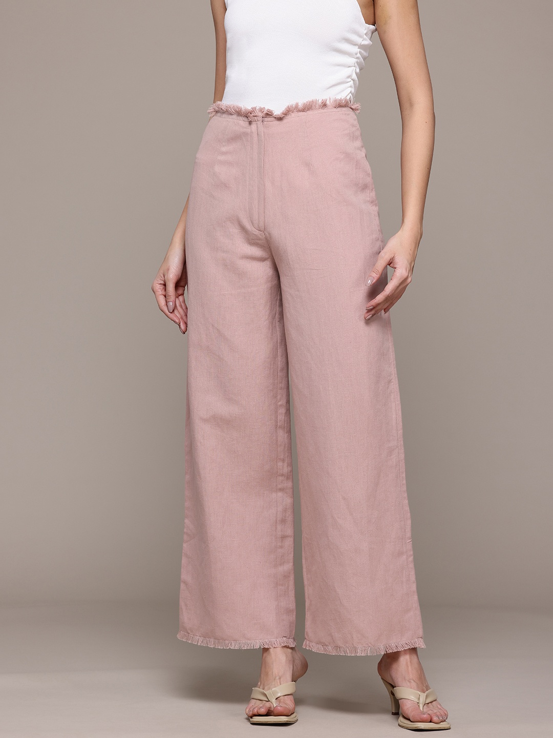 

Label Ritu Kumar Women Flared Wide Leg Trousers with Raw Edge Detail, Rose