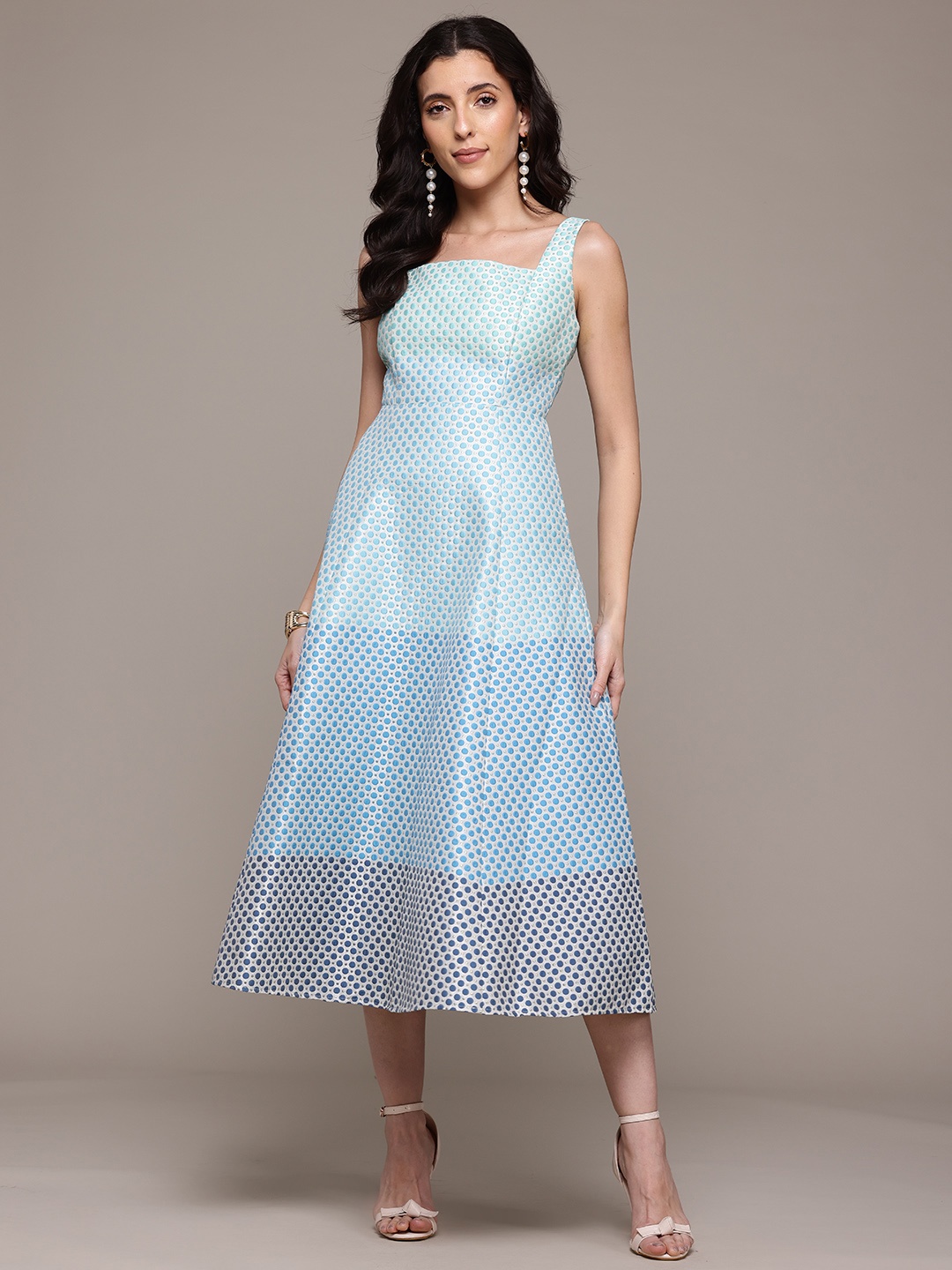 

Label Ritu Kumar Polka Dot Jacquard Fit & Flare Midi Dress, Blue