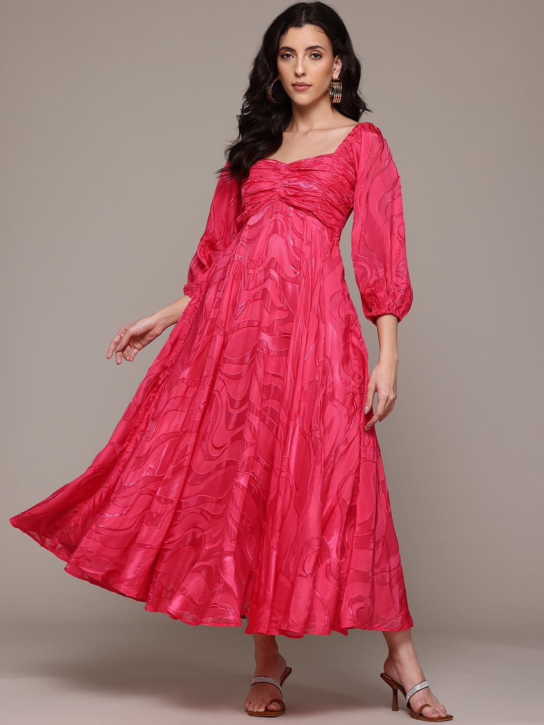 

Label Ritu Kumar Sweetheart Neck Puff Sleeve Jacquard A-Line Maxi Dress, Fuchsia