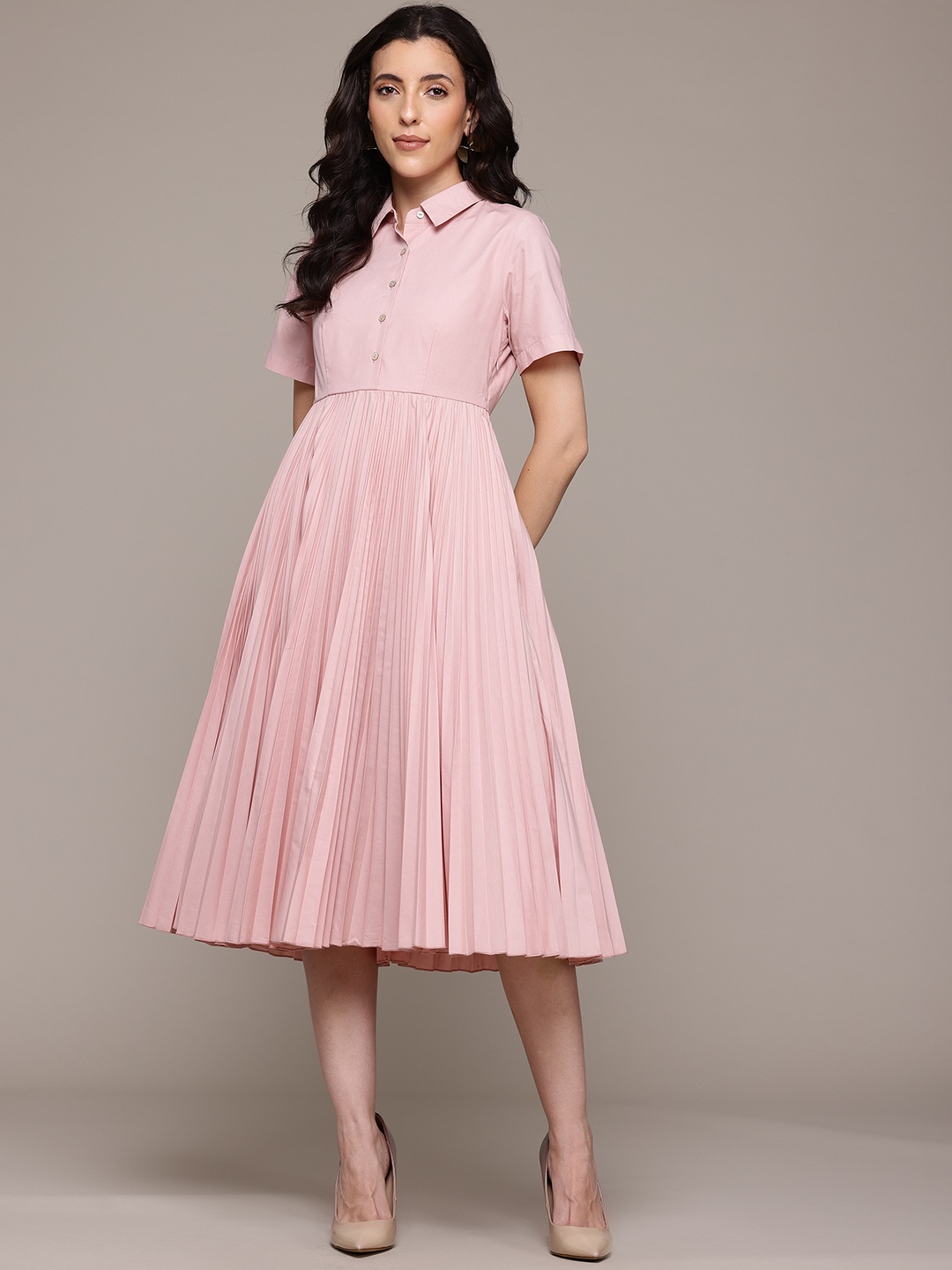 

Label Ritu Kumar Solid Accordion Pleated Fit & Flare Midi Dress, Pink