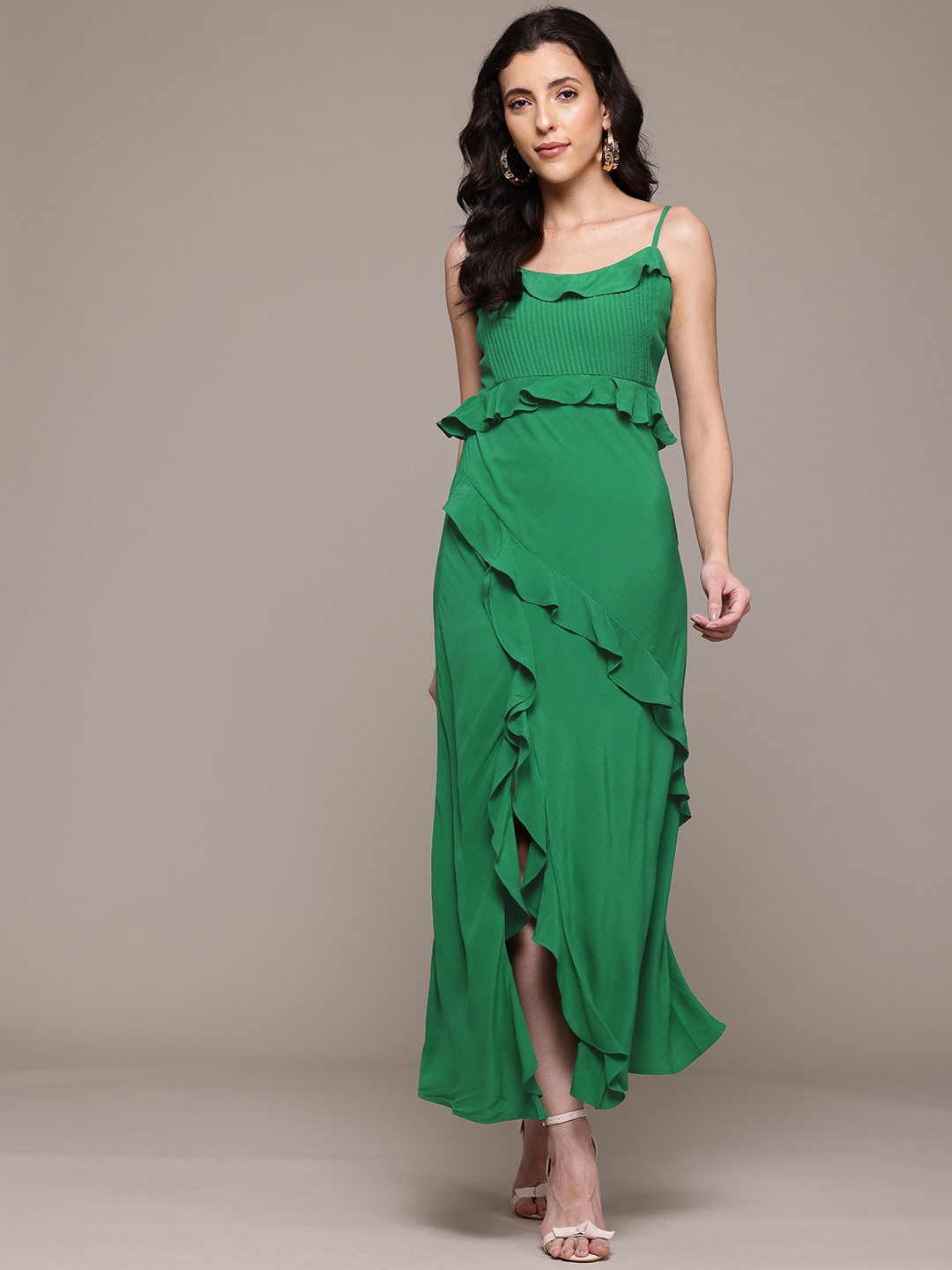 

Label Ritu Kumar Ruffled Crepe Sheath Maxi Dress with Slit, Green