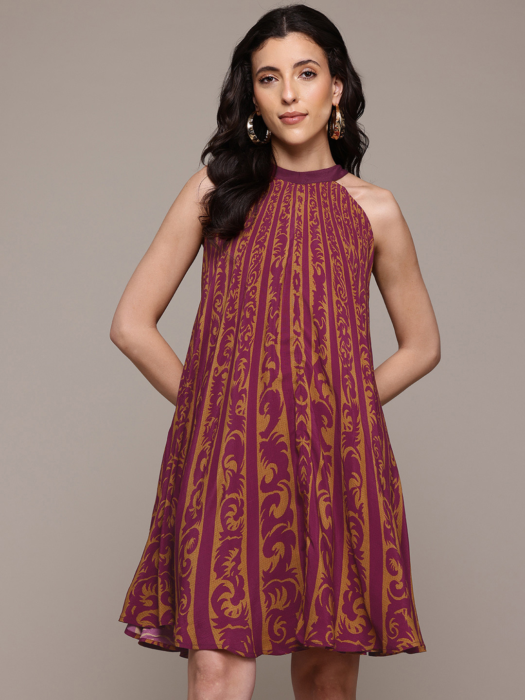 

Label Ritu Kumar Ethnic Motifs Printed Halter Neck Crepe Trapeze Dress, Burgundy