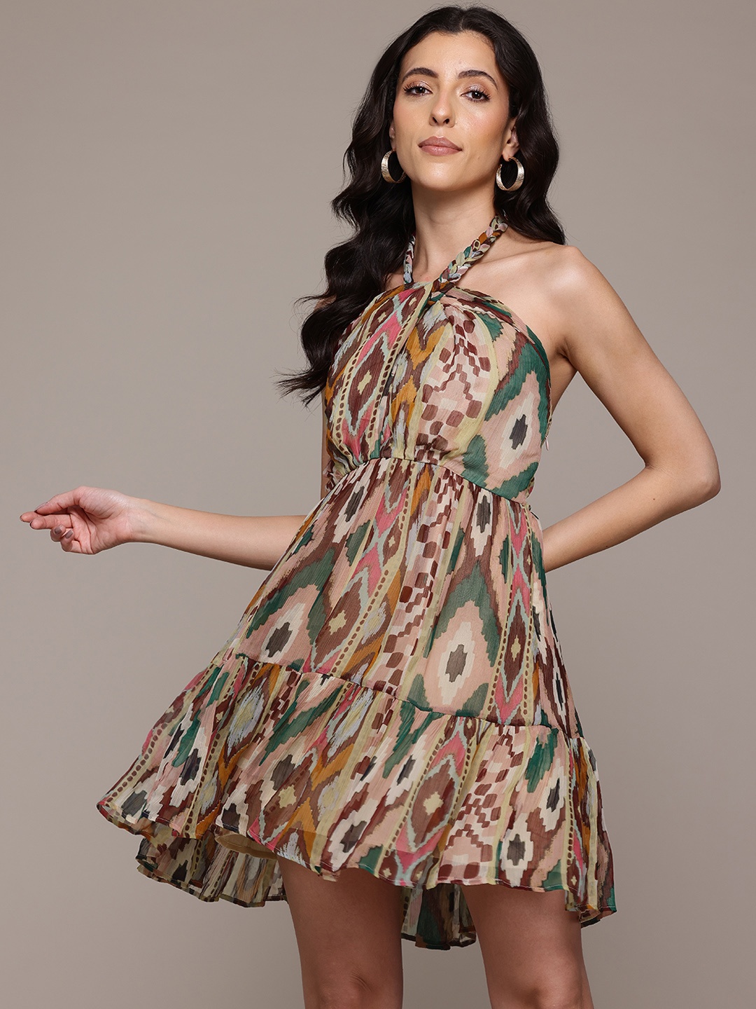 

Label Ritu Kumar Printed Halter Neck Chiffon Fit & Flare Dress, Brown