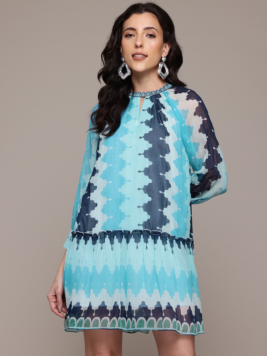 

Label Ritu Kumar Printed Keyhole Neck Raglan Sleeve Chiffon Shift Dress, Blue