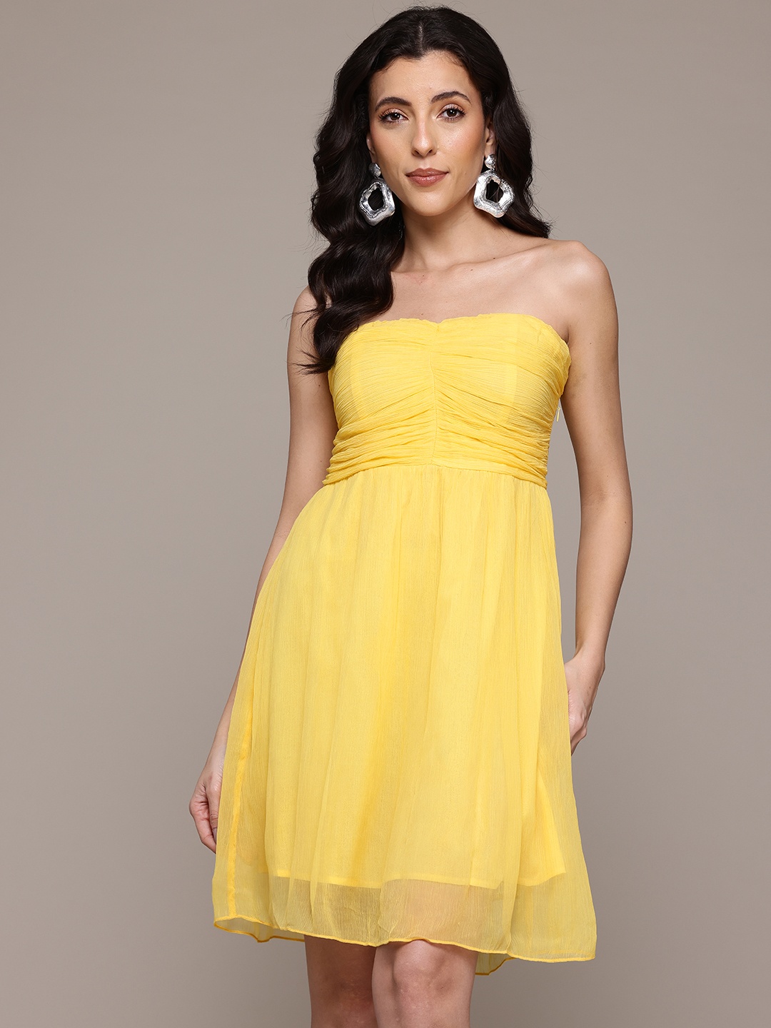 

Label Ritu Kumar Strapless Smocked Chiffon A-Line Dress, Yellow