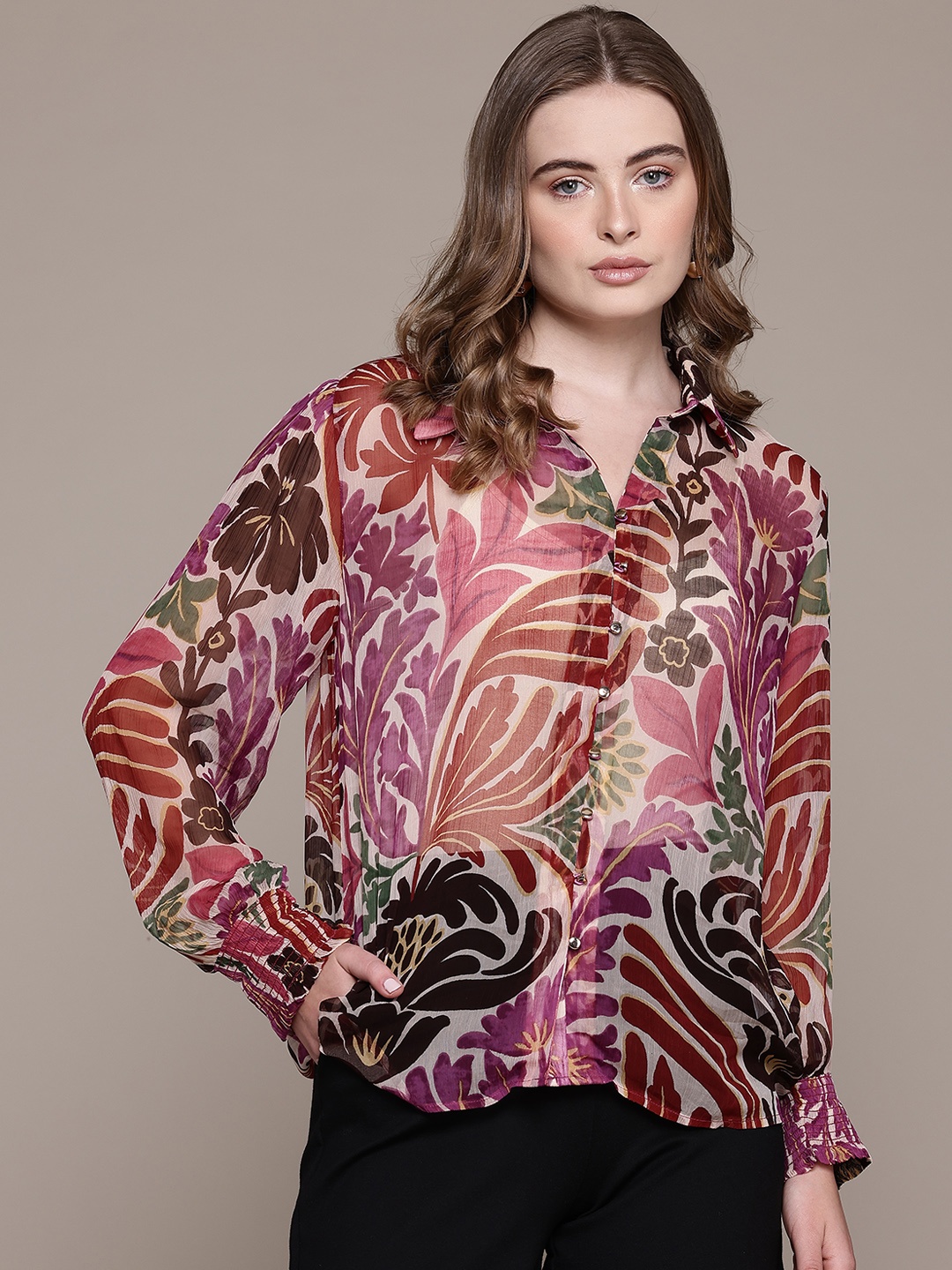 

Label Ritu Kumar Floral Semi Sheer Printed Casual Shirt, Multi