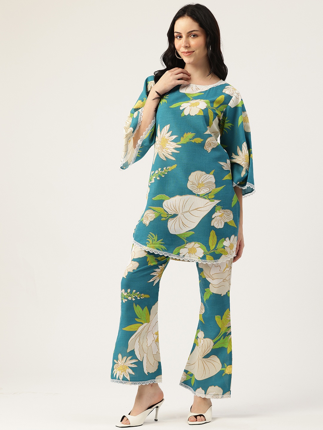 

Sleek Italia Floral Print Tunic With Trousers, Teal