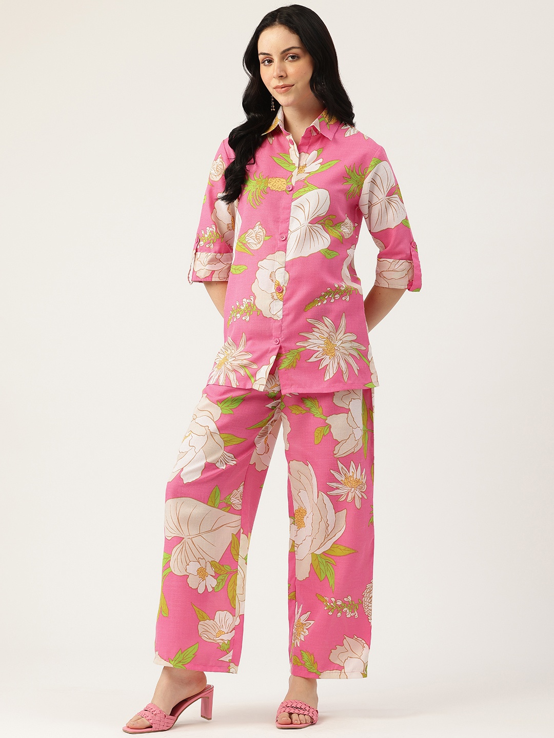 

Sleek Italia Floral Print Tunic With Trousers, Pink