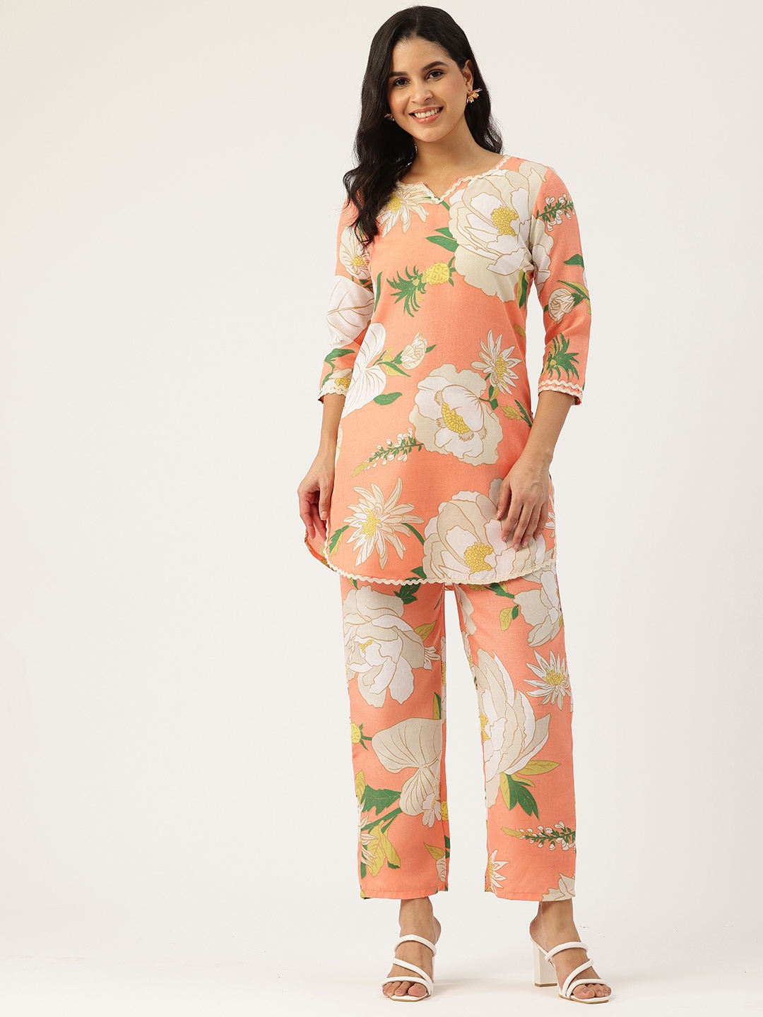 

Sleek Italia Floral Print Tunic With Trousers, Peach