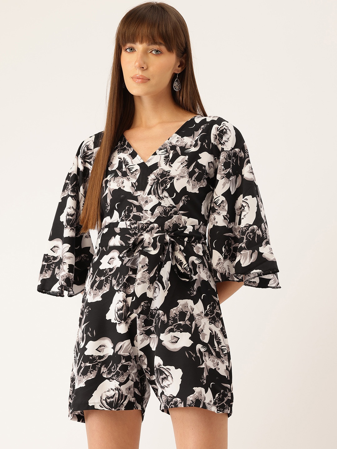 

Sleek Italia Floral Printed Jumpsuit with Waist Tie Up, Black