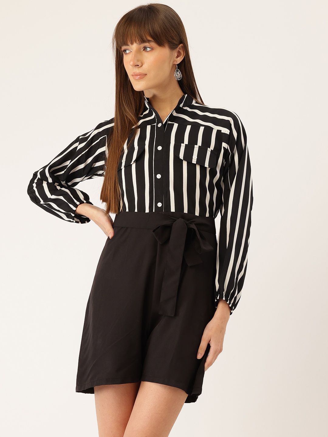 

Sleek Italia Striped Jumpsuit with Waist Tie Up, Black