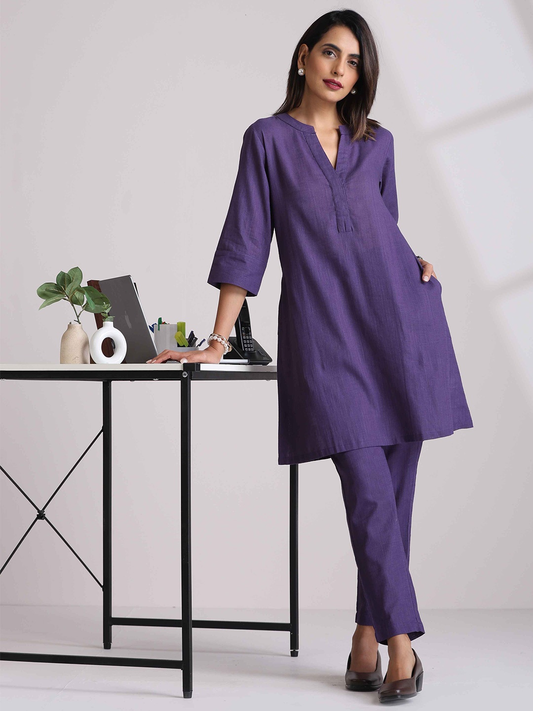 

trueBrowns Mandarin Collar Pure Cotton Tunic & Trousers Co-Ords Set, Purple