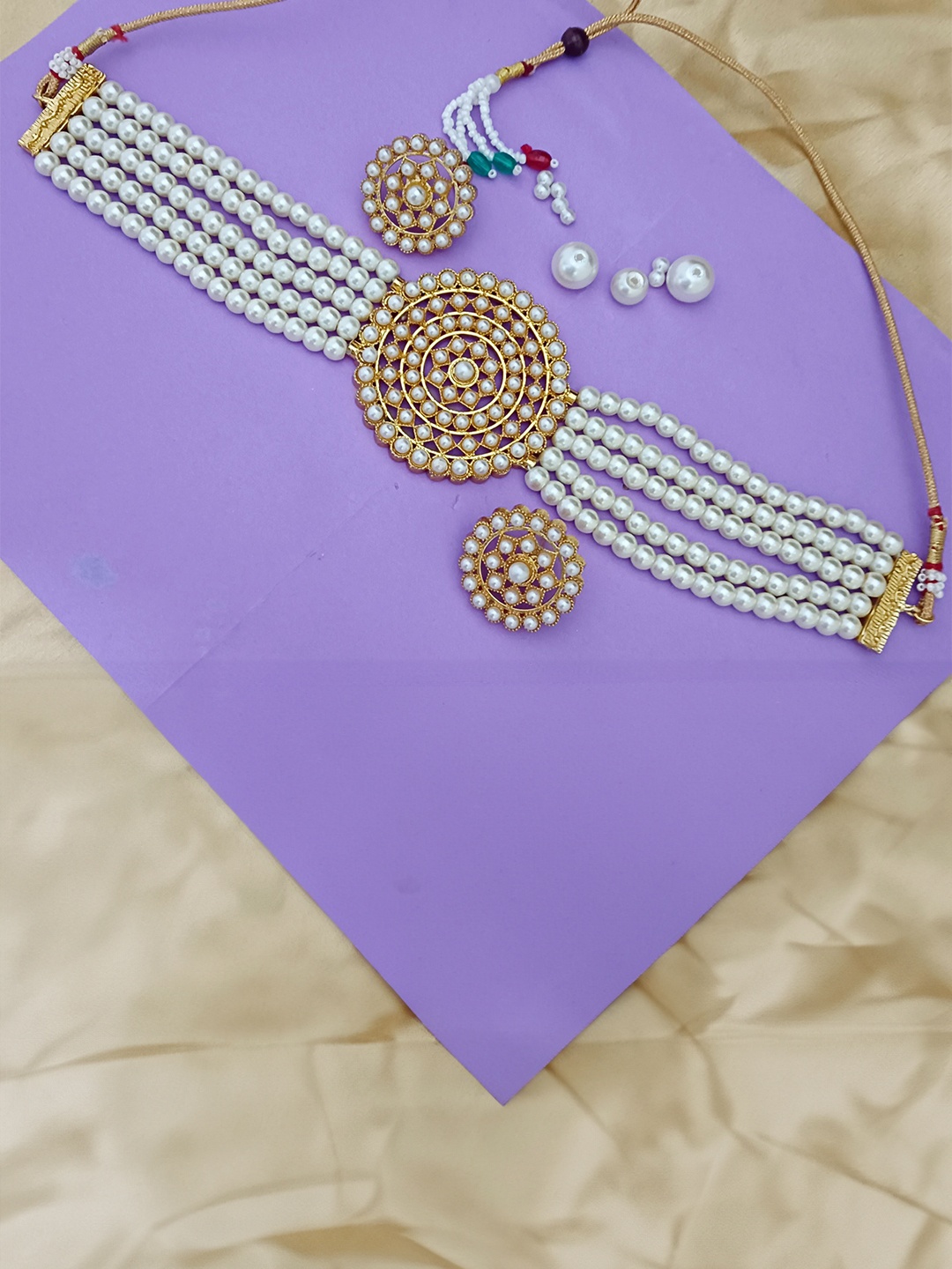 

EVY Gold Plated Artificial Stones Studded Beaded Choker Necklace With Earrrings