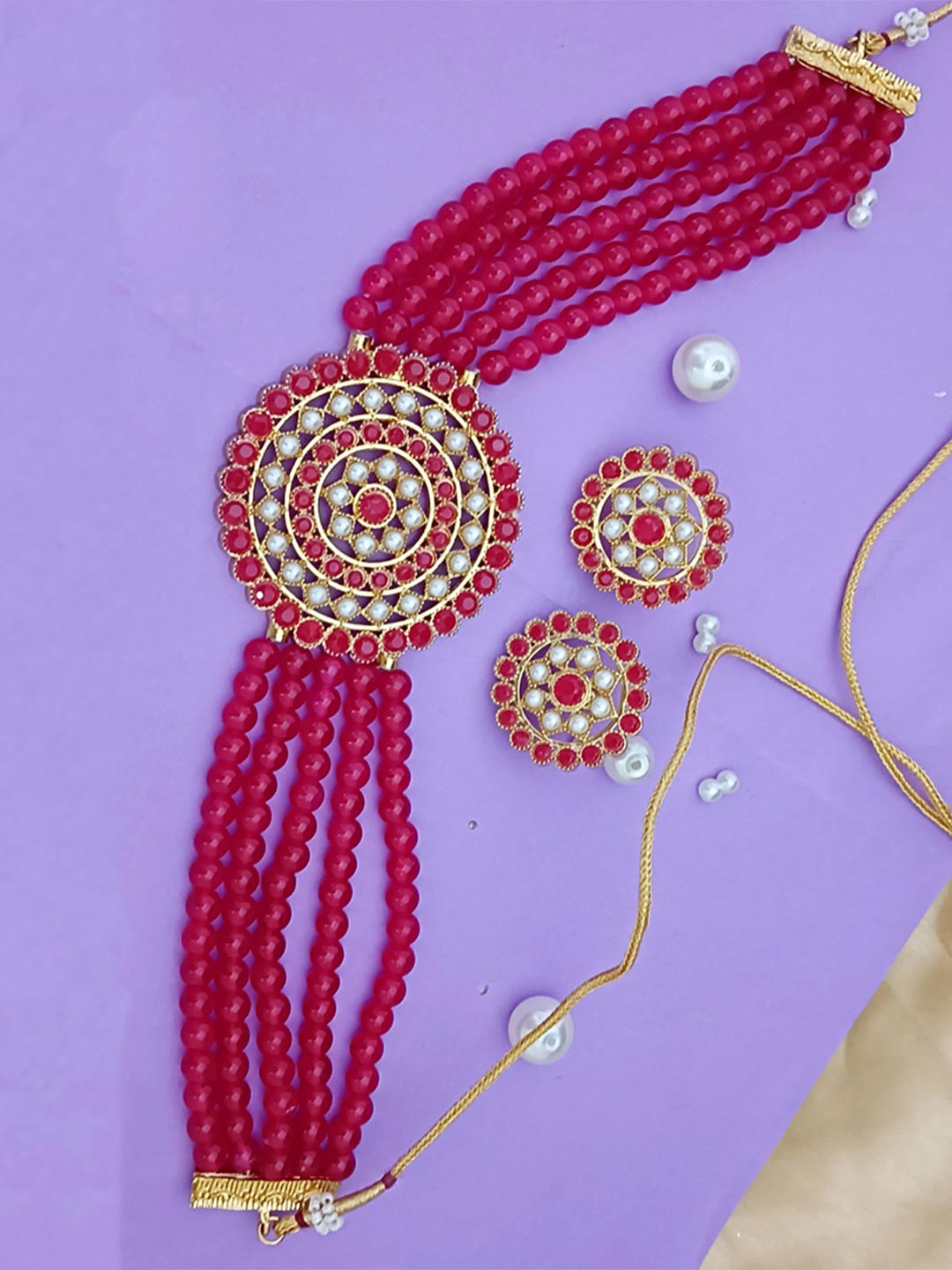 

EVY Gold Plated Artificial Stones Studded and Beaded Choker Necklace With Earrrings, Red