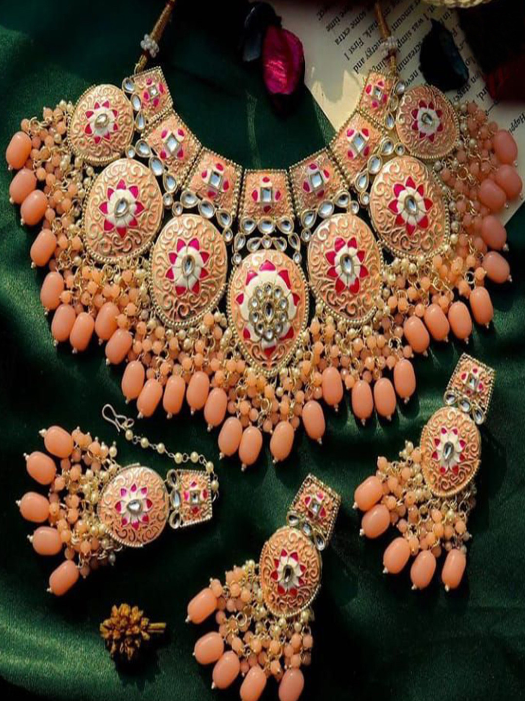 

EVY Artificial Stones Studded & Beaded Meenakari Necklace With Earrrings & Maang Tika, Peach
