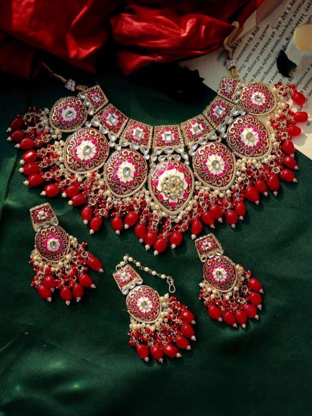 

EVY Artificial Stones Studded & Beaded Meenakari Jewellery Set, Red