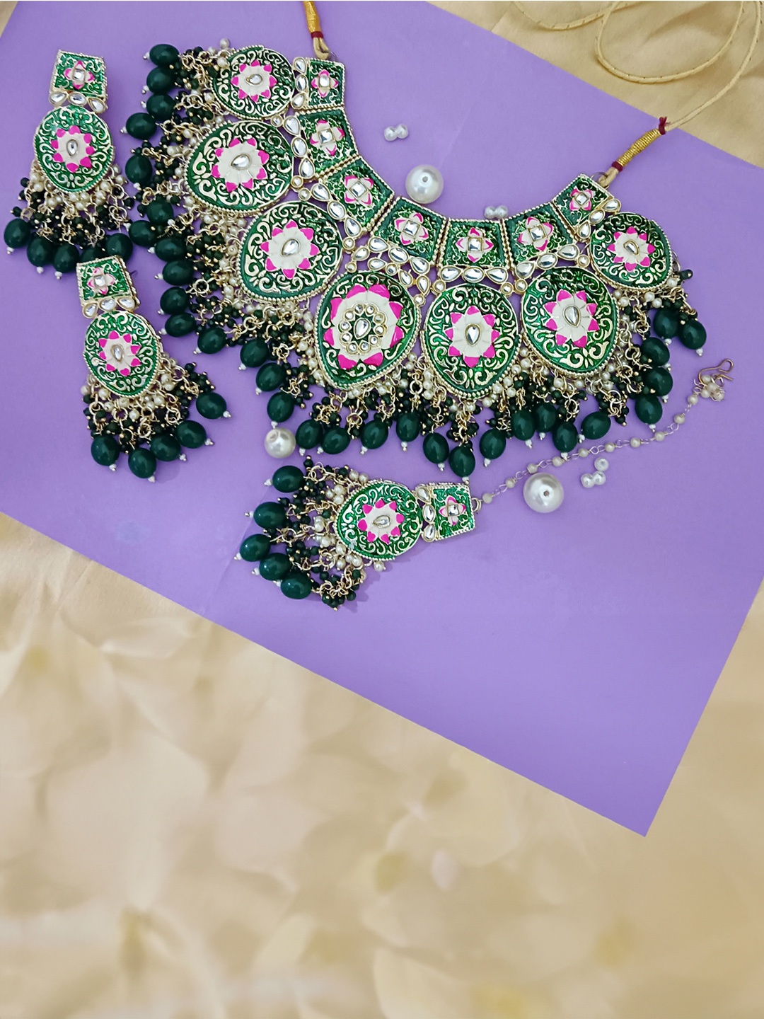 

EVY Gold-Plated Artificial Stones Studded and Beaded Meenakari Necklace With Earrings, Green