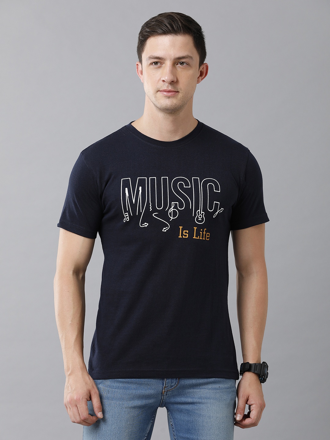 

Moda Rapido Men Pack Of 2 Typography Printed Round Neck Cotton T-shirts, Navy blue