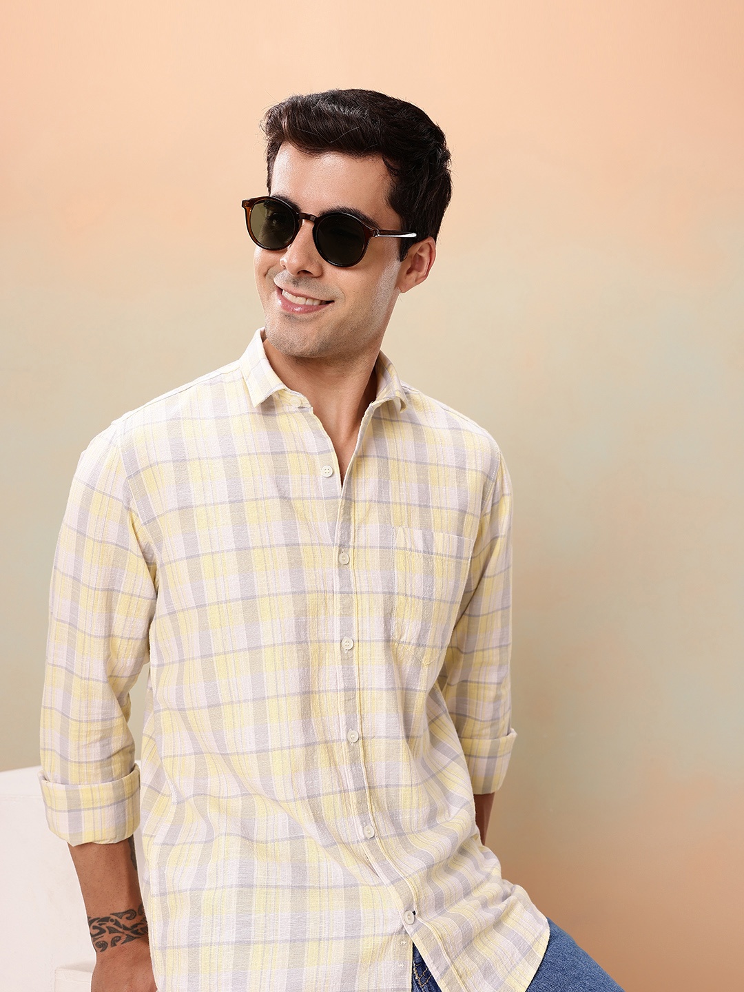 

Mast & Harbour Men Standard Checked Pure Cotton Casual Shirt, Yellow