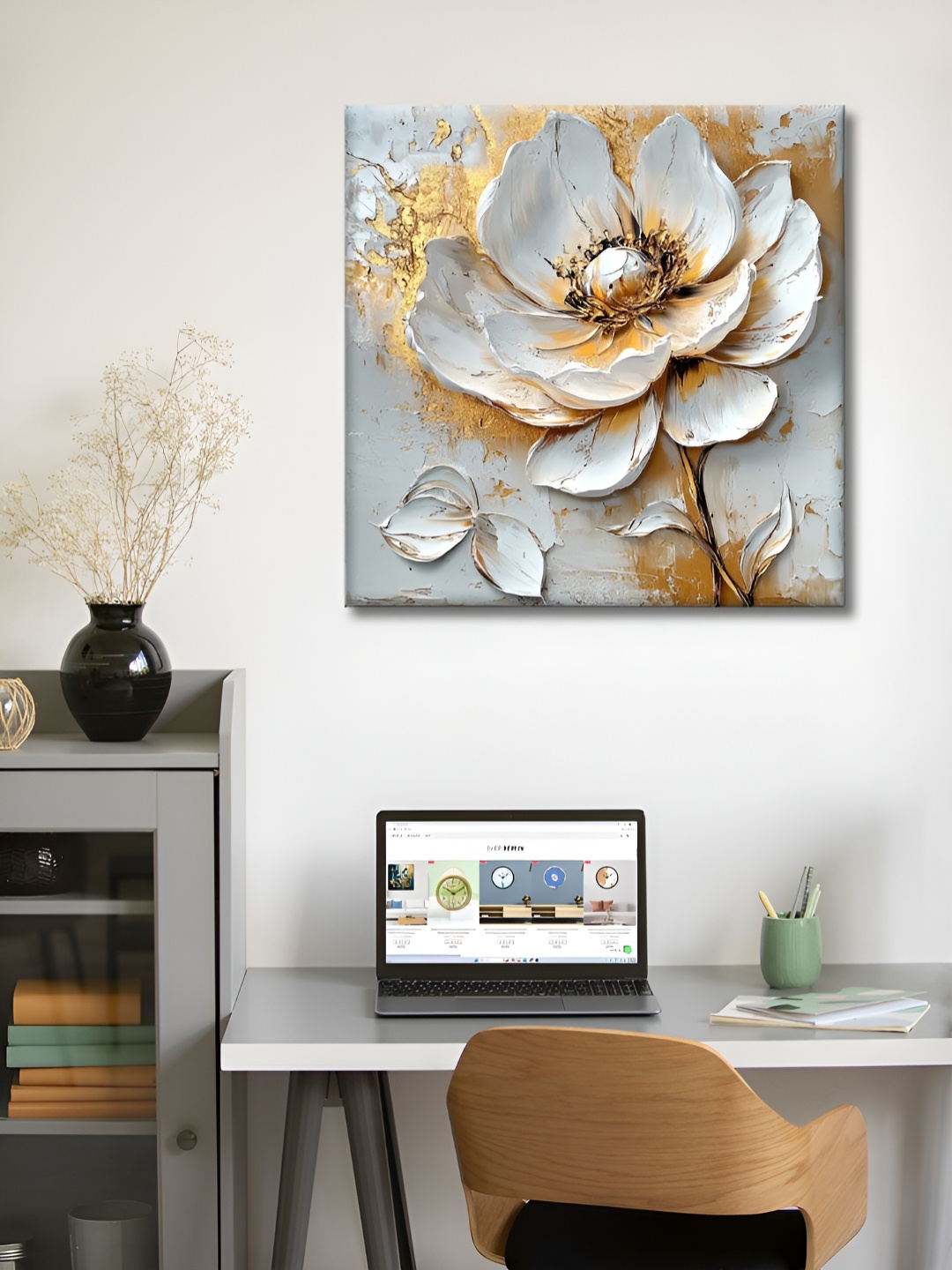 

OLIVE TREE Gold-Toned & White Floral and Botanical Printed Canvas Wall Art