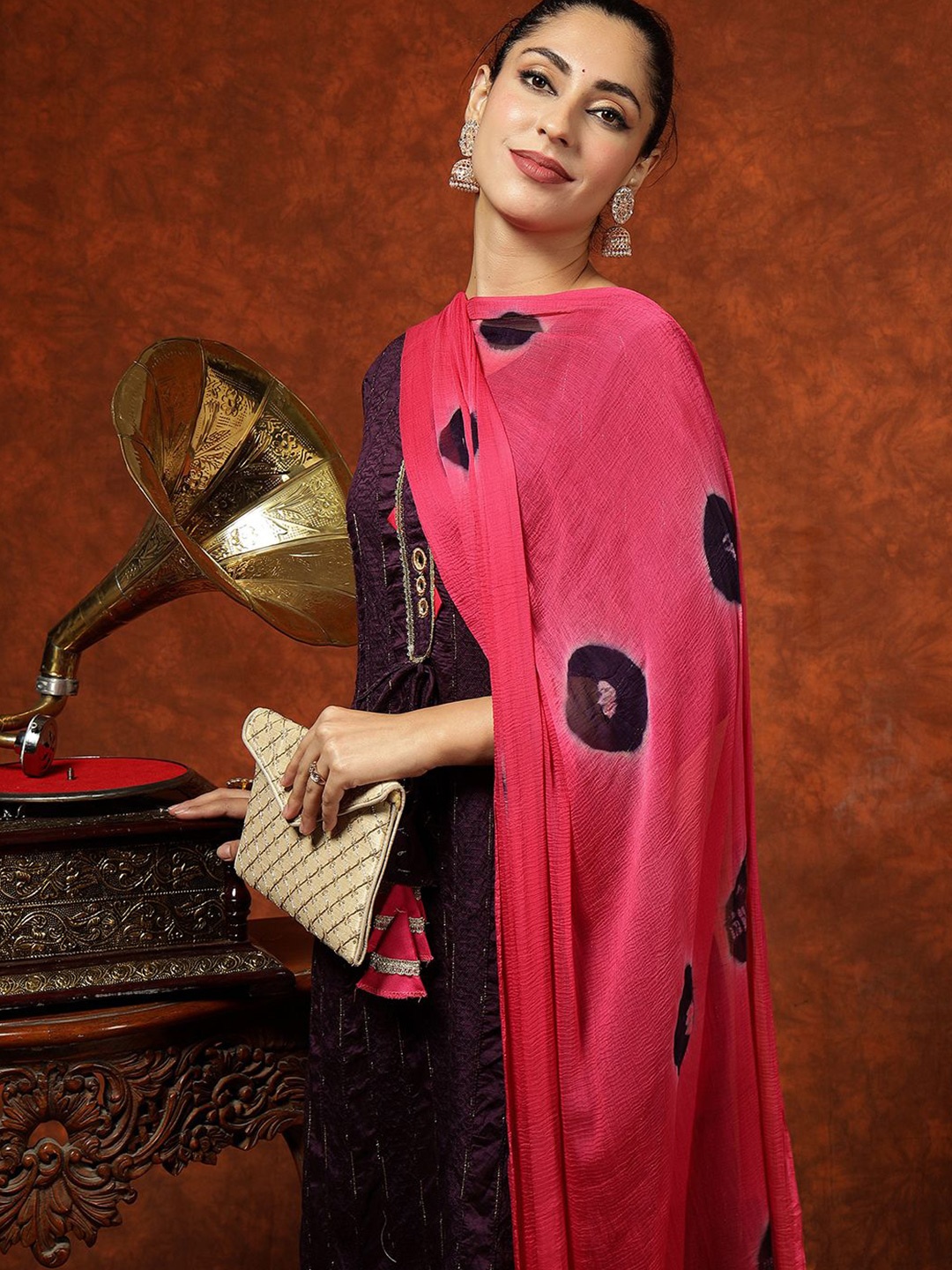 

DIVASTRI Zari Woven Design Round Neck Chanderi Silk Straight Kurta With Trousers & Dupatta, Purple