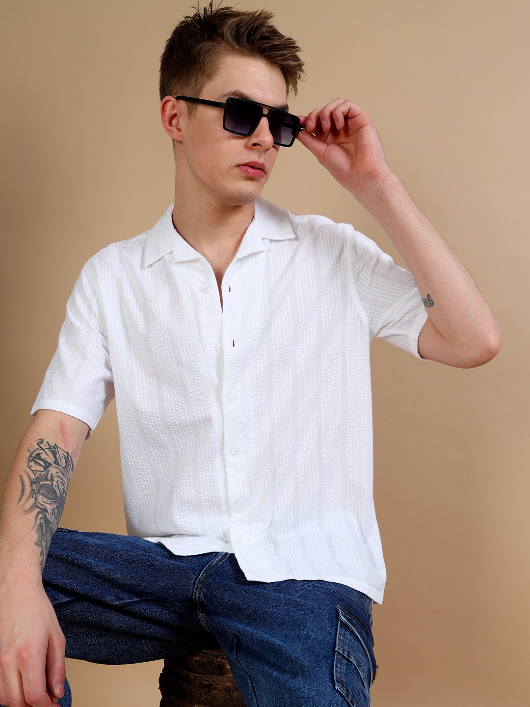 

StitchX Men Standard Fit Cuban Collar Textured Cotton Casual Shirt, White