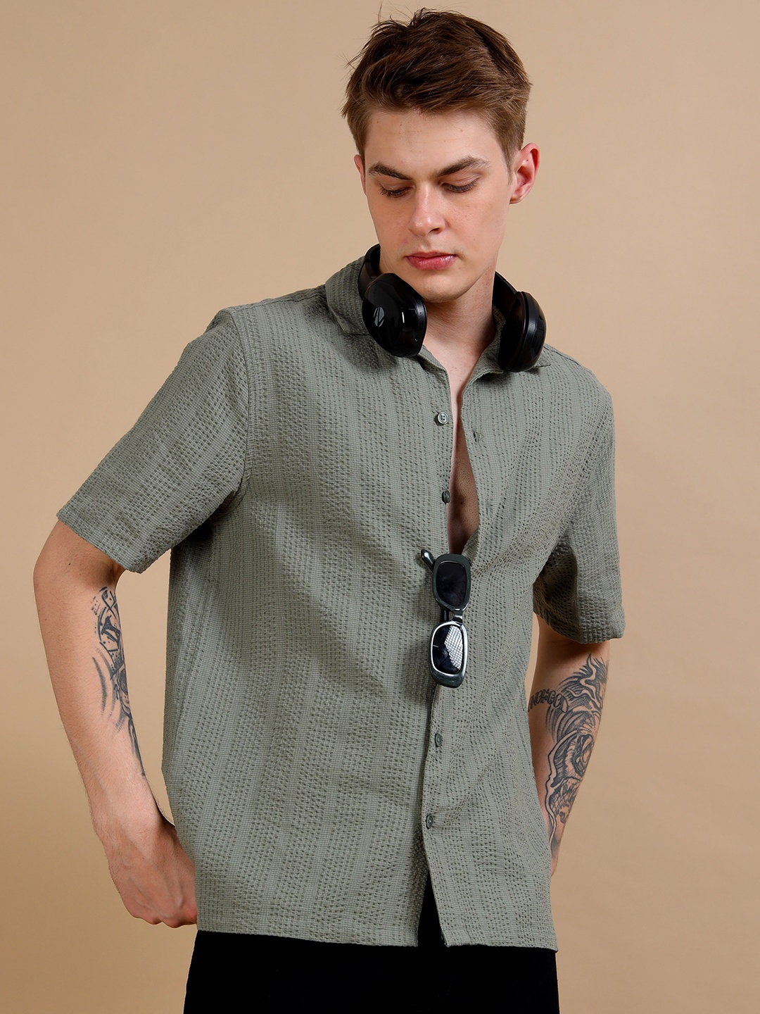 

StitchX Men Standard Fit Cuban Collar Textured Cotton Casual Shirt, Green