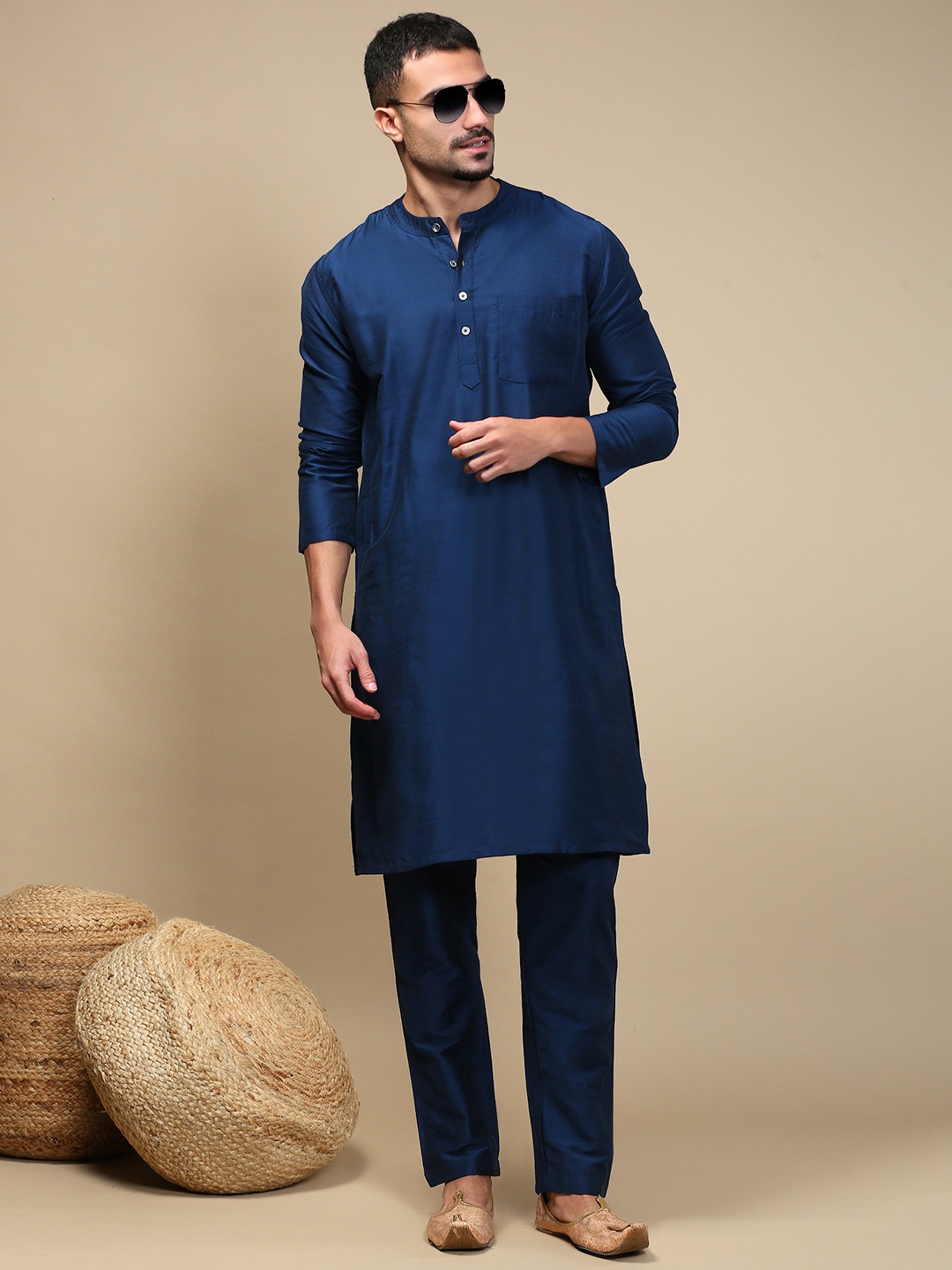 

WHITE HEART Band Collar Jacquard Straight Kurta, Blue