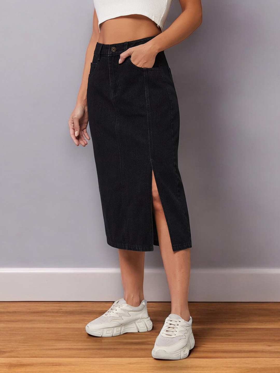 

DOLCE CRUDO Women Denim A-Line Midi Skirt, Black